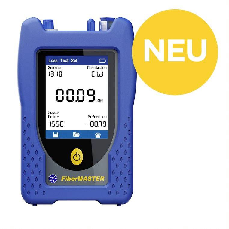 Blaues optisches Verlust-Testgerät mit Messanzeige. Zeigt '0009 dB'. Gelbes 'NEU'-Abzeichen oben rechts signalisiert neues Produkt.