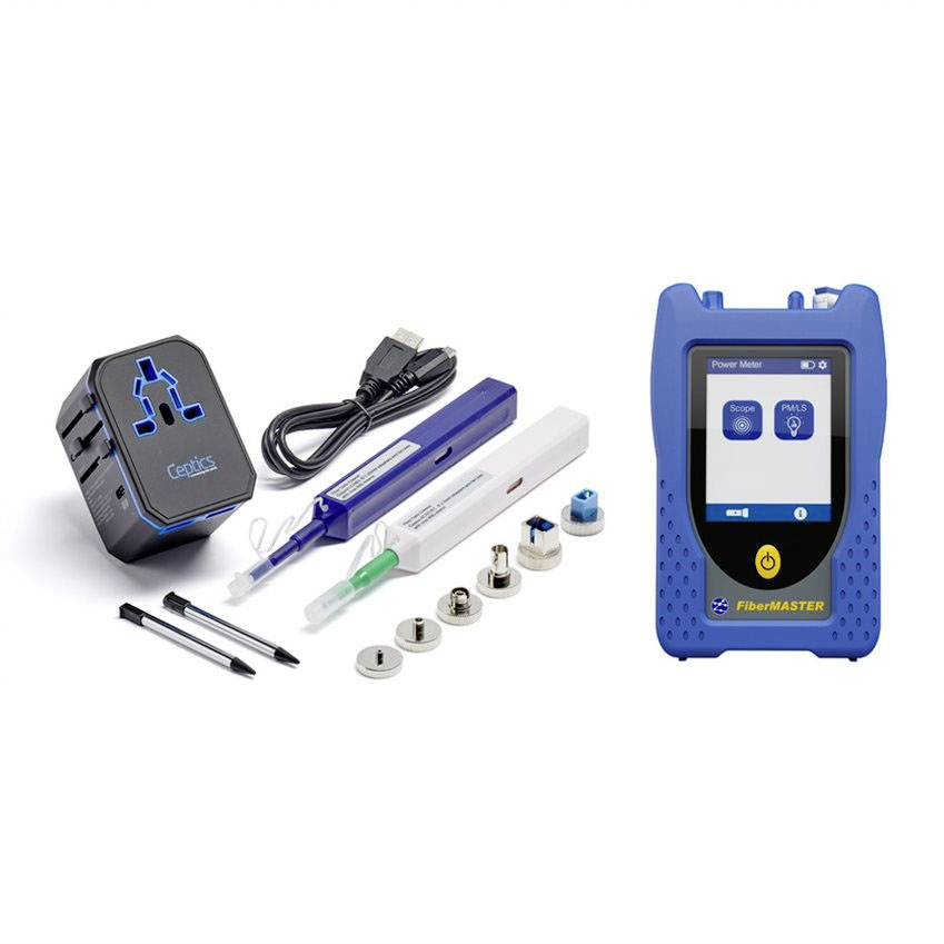 Ein blaues Glasfaser-Tester-Kit enthält ein Prüfgerät, verschiedene Adapter, Reinigungstools und ein Ladekabel.