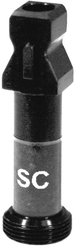 Ein schwarzer Metallbolzen mit der Aufschrift 'SC'. Der obere Teil ist hexagonal geformt.