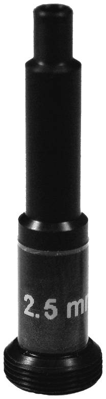 Ein schwarzes Metallteil mit der Aufschrift '2,5 mm', wahrscheinlich ein Einsatz oder Adapter in zylindrischer Form.