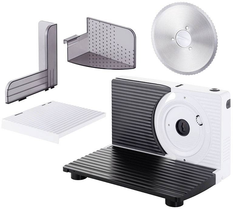 Elektrischer Allesschneider mit verschiedenen Zubehörteilen: Schneidklinge, Abstellfläche, Stütze und Schneidguthalter. Ideal zum präzisen Schneiden von Lebensmitteln.