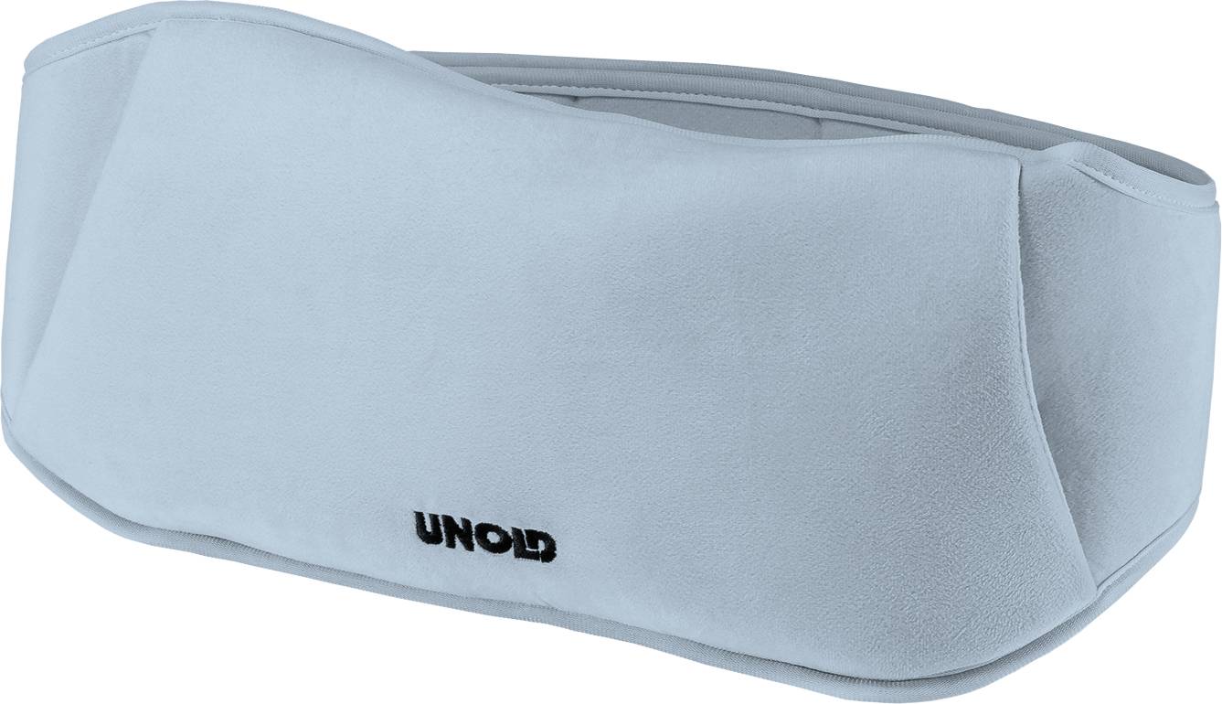 Kühlendes Stirnband der Marke Unold, hellblau, elastisches Material, dient zur Entspannung und Linderung von Kopfschmerzen.