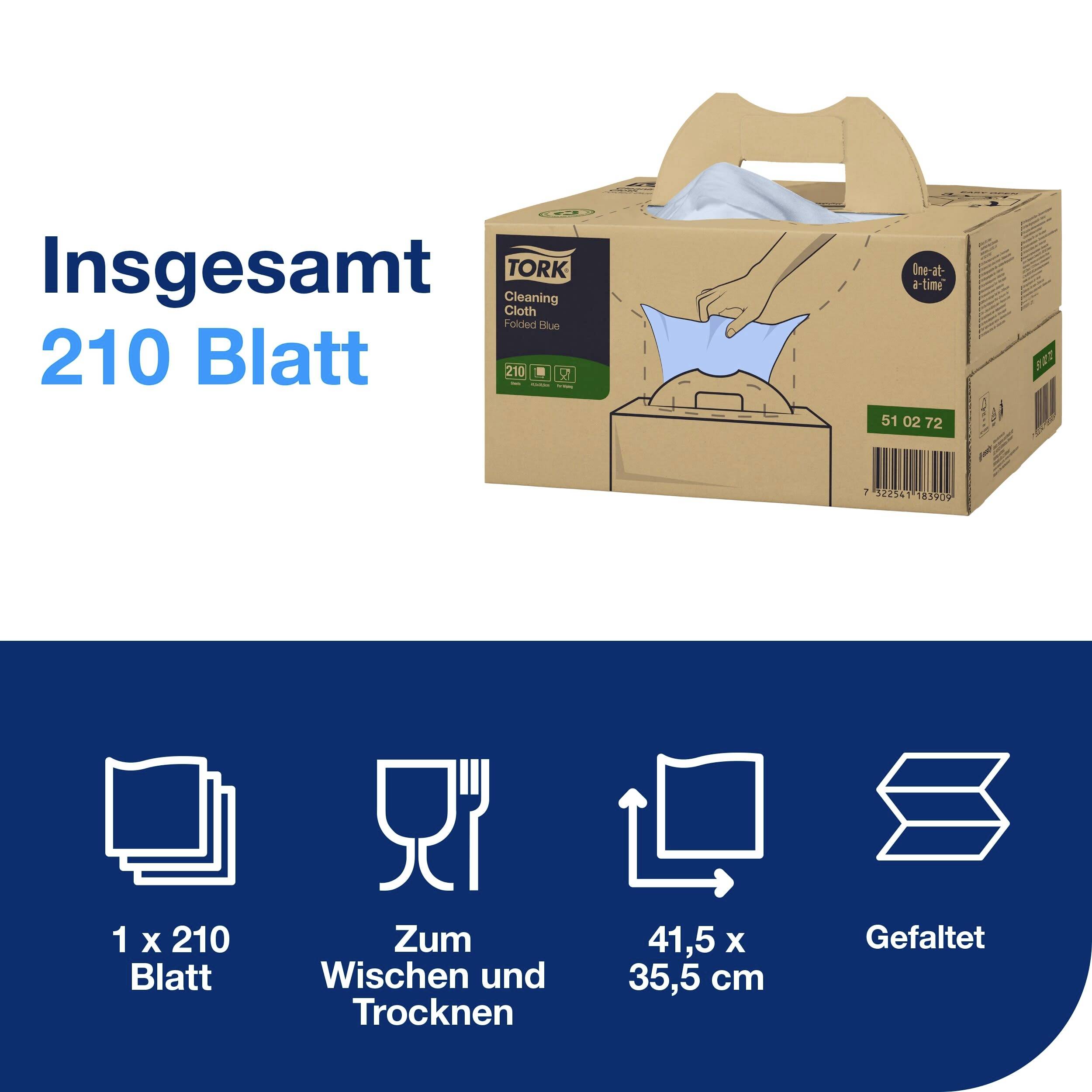 'Insgesamt 210 Blatt' Tork Reinigungsbox. 1 x 210 Tücher. Maße: 41,5 x 35,5 cm, gefaltet. Geeignet zum Trocknen und Wischen.