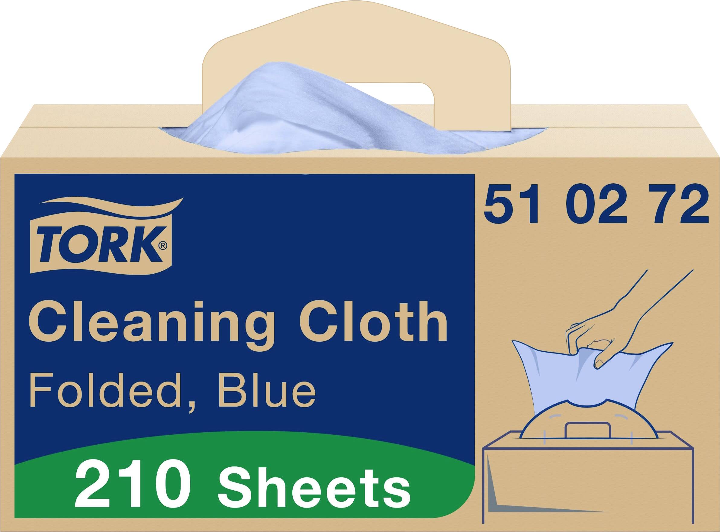 Eine Packung mit blauen Reinigungstüchern der Marke Tork. Enthält 210 gefaltete Tücher. Abgebildet ist eine Hand, die ein Tuch entnimmt.