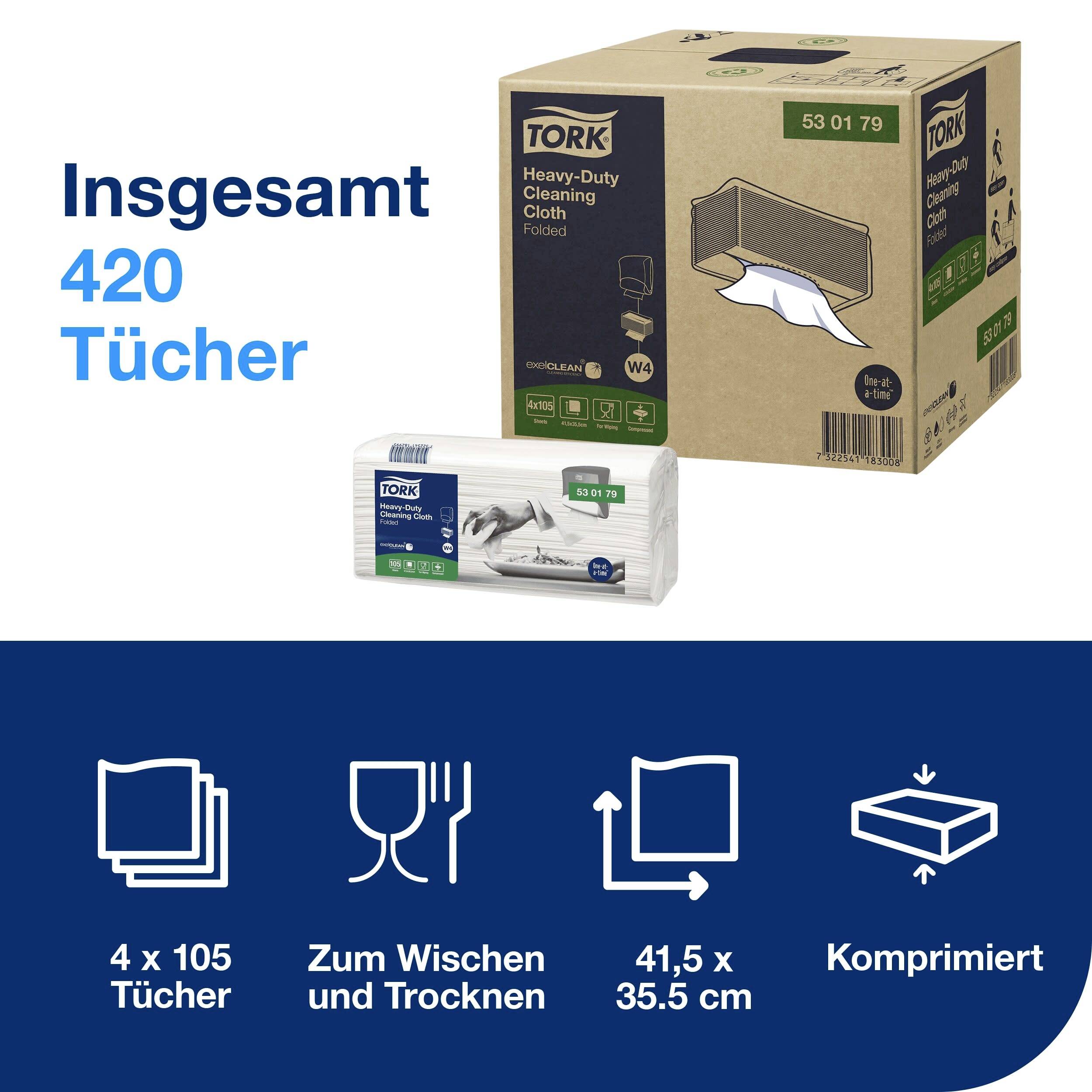 Ein Karton und ein kleinerer Pack mit Reinigungstüchern 'Tork Heavy-Duty Cleaning Cloth'. Insgesamt 420 Tücher. 4 Pakete à 105 Tücher.
