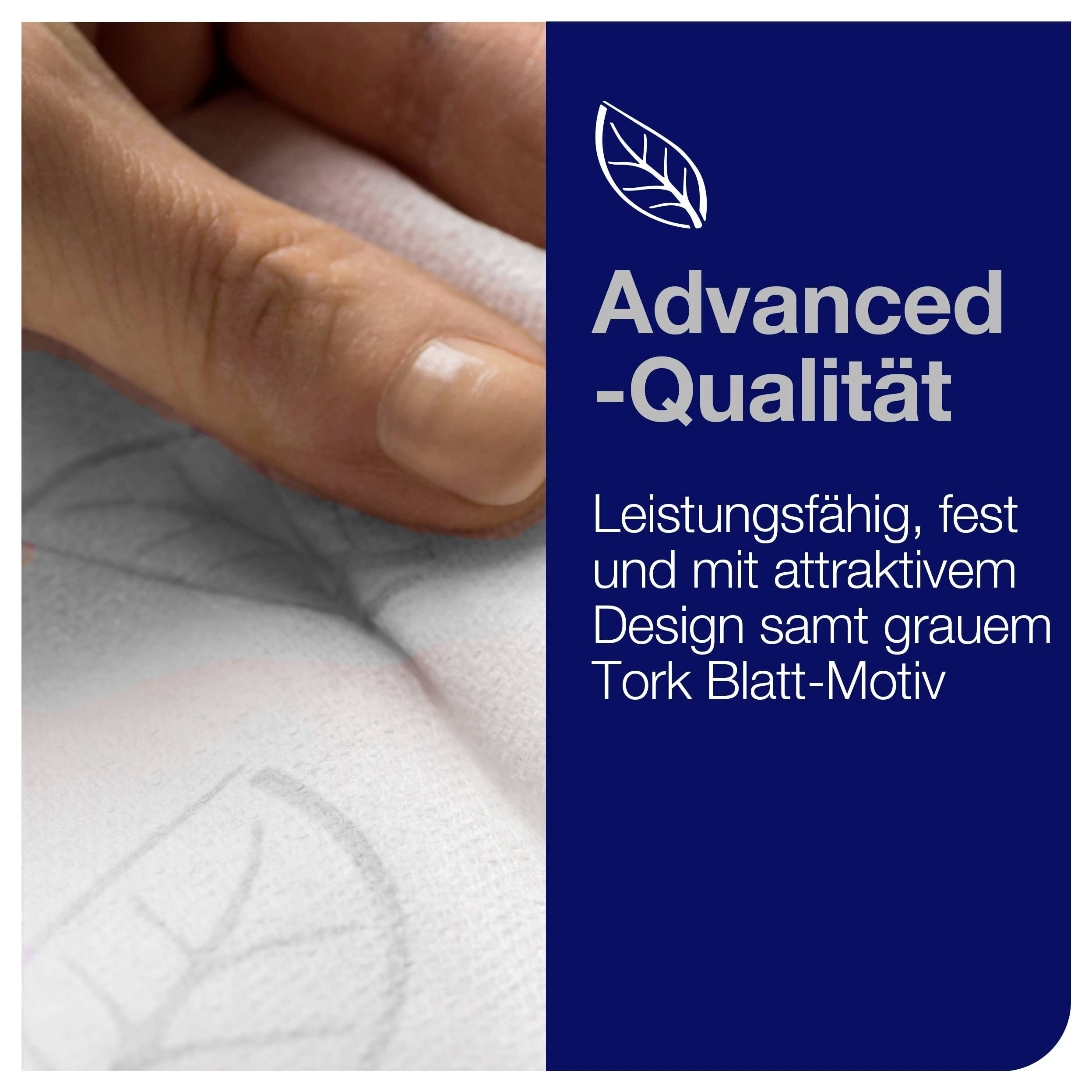 Hand zeigt graues Tork-Blatt-Motiv auf Material; rechts steht: 'Advanced-Qualität' mit dem Hinweis auf leistungsfähiges, festes Design.