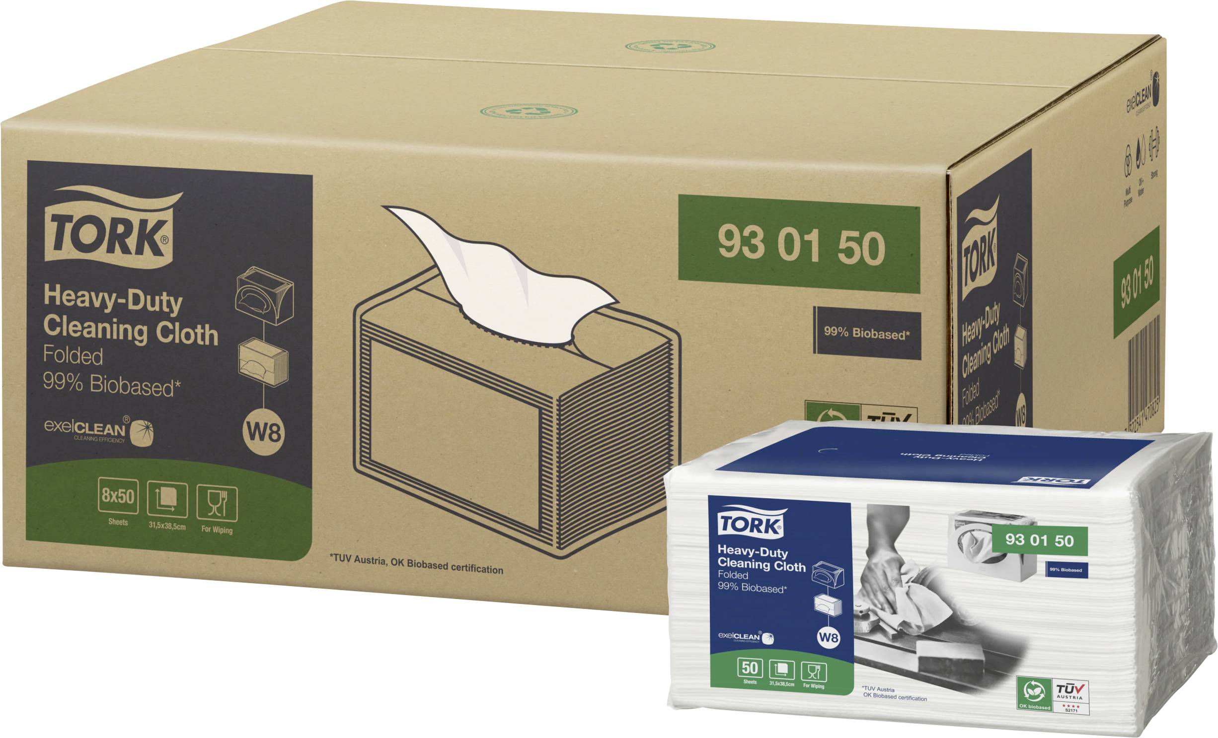 Hochbelastbares Reinigungstuch von Tork, biologisch abbaubar, in Karton und Packung präsentiert. Ideal für gründliche Reinigung.