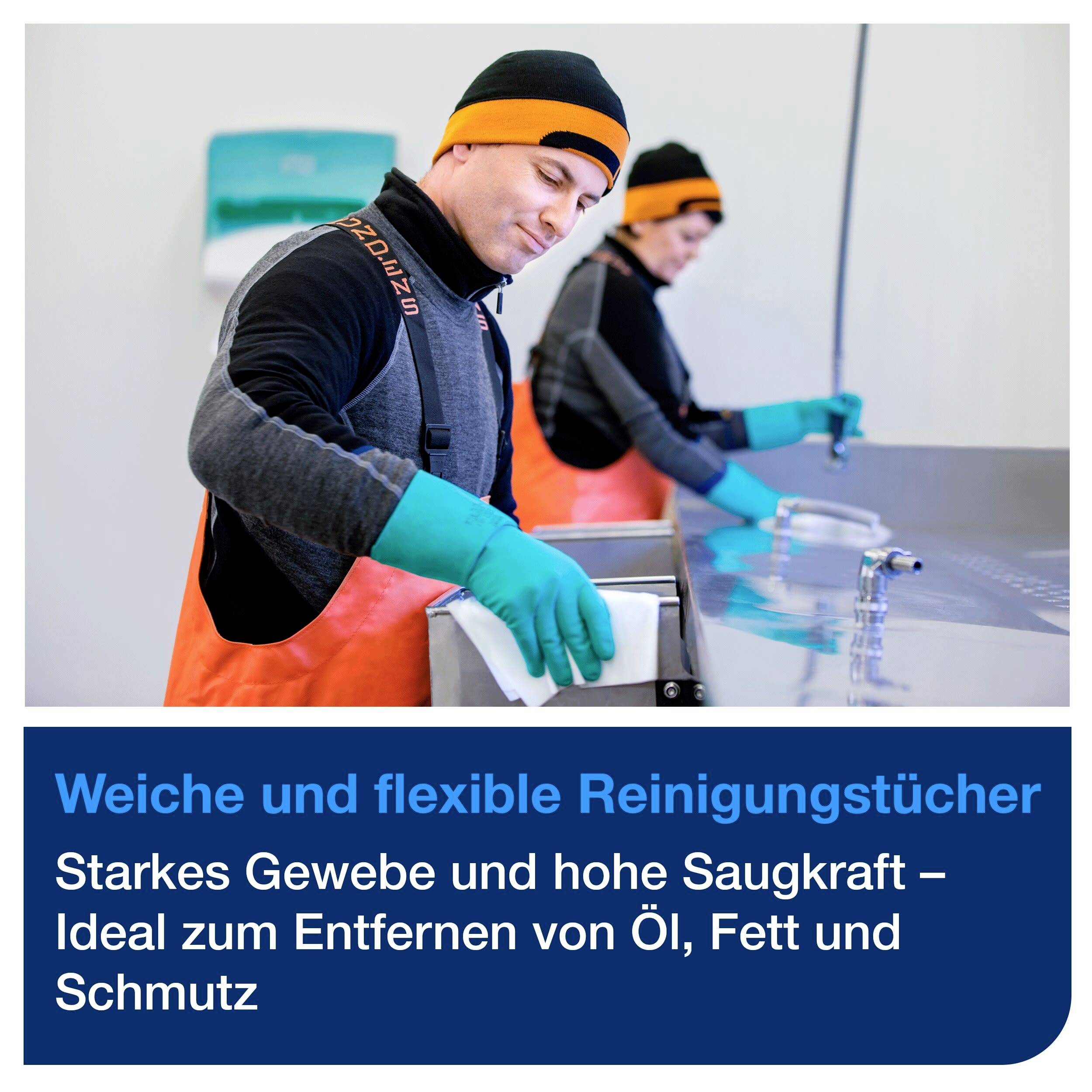 Zwei Arbeiter reinigen eine Oberfläche mit weichen Reinigungstüchern. Text beschreibt die Tücher als stark, saugfähig, ideal für Öl.