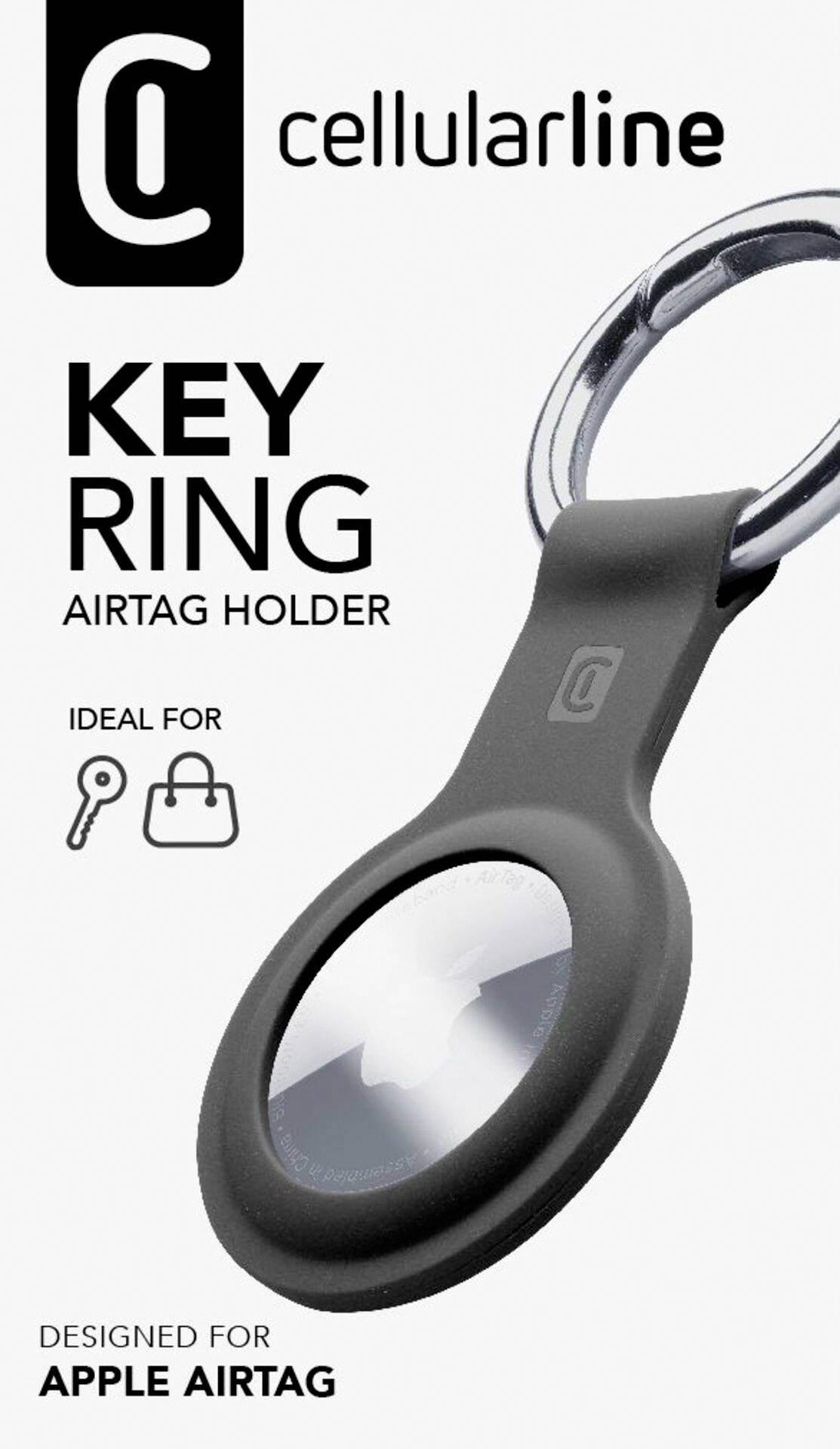 'Key Ring' Airtag-Halter von Cellularline, ideal zur Befestigung an Schlüsseln oder Taschen. Entwickelt für Apple Airtag.