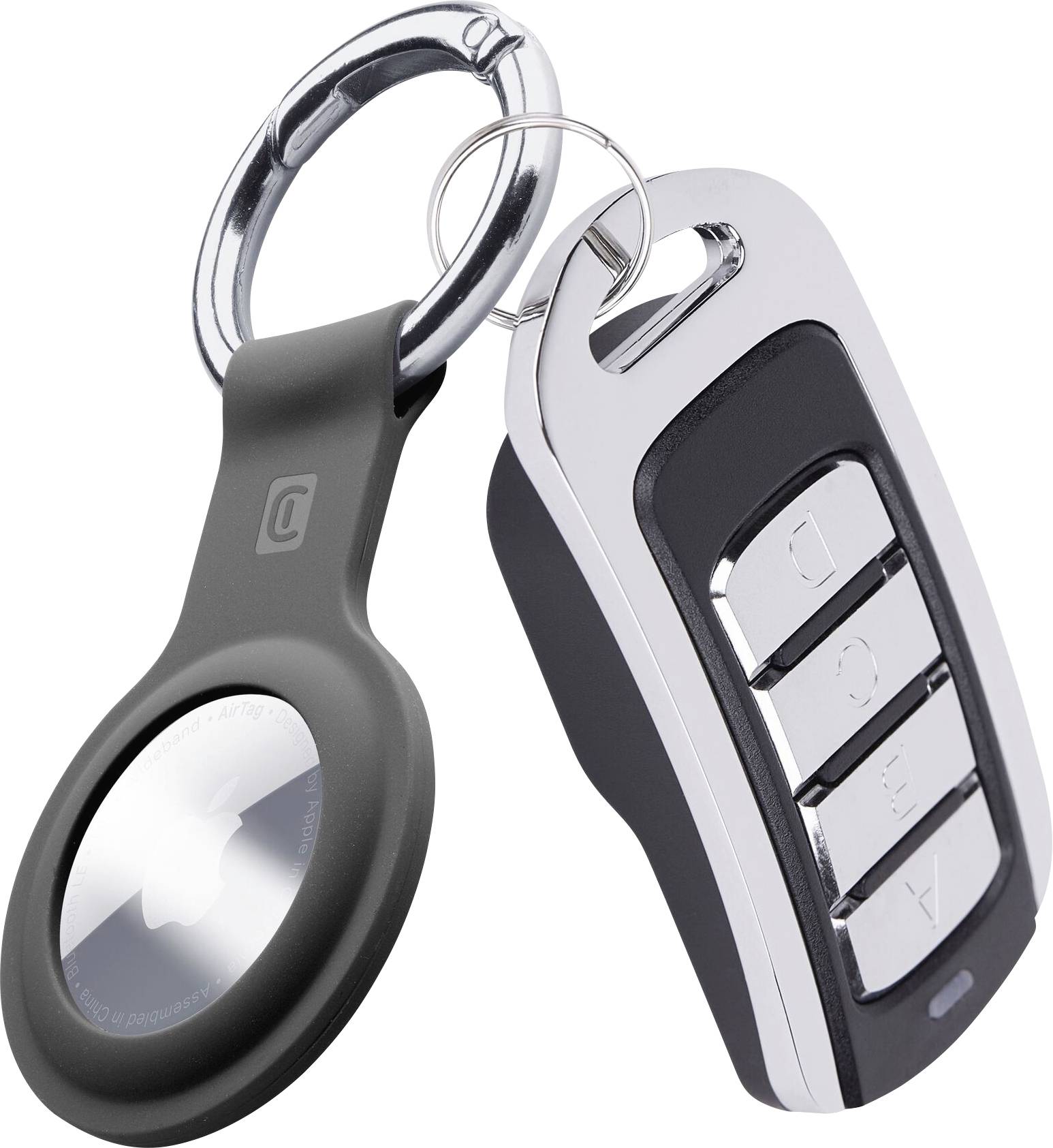 Schlüsselanhänger mit einem elektronischen Autoschlüssel und einem schwarzen Tracker.