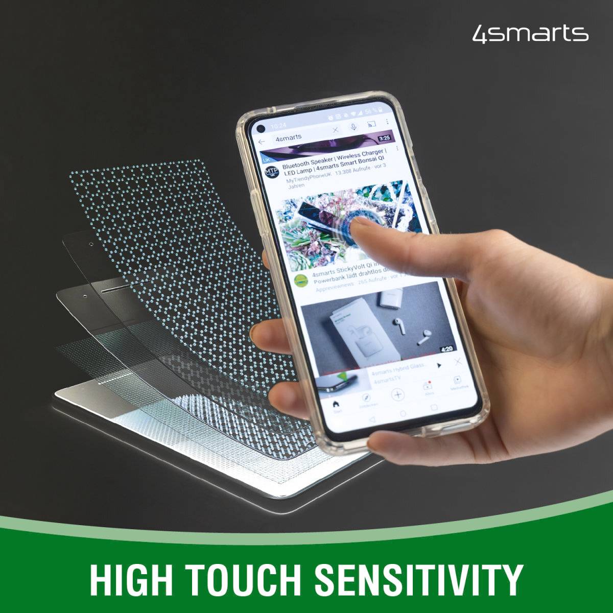 Eine Hand hält ein Smartphone mit einem Schutzglas. Daneben eine grafische Schichtdarstellung des Schutzglases. Text 'HIGH TOUCH SENSITIVITY'.