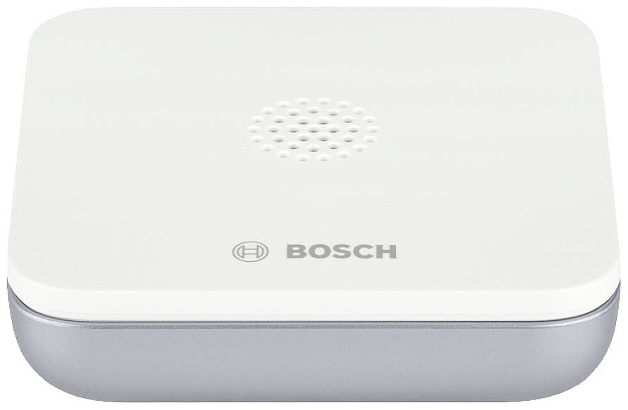 Ein weißes, quadratisches Bosch-Gerät, unten grau, mit Lautsprecheröffnungen oben.