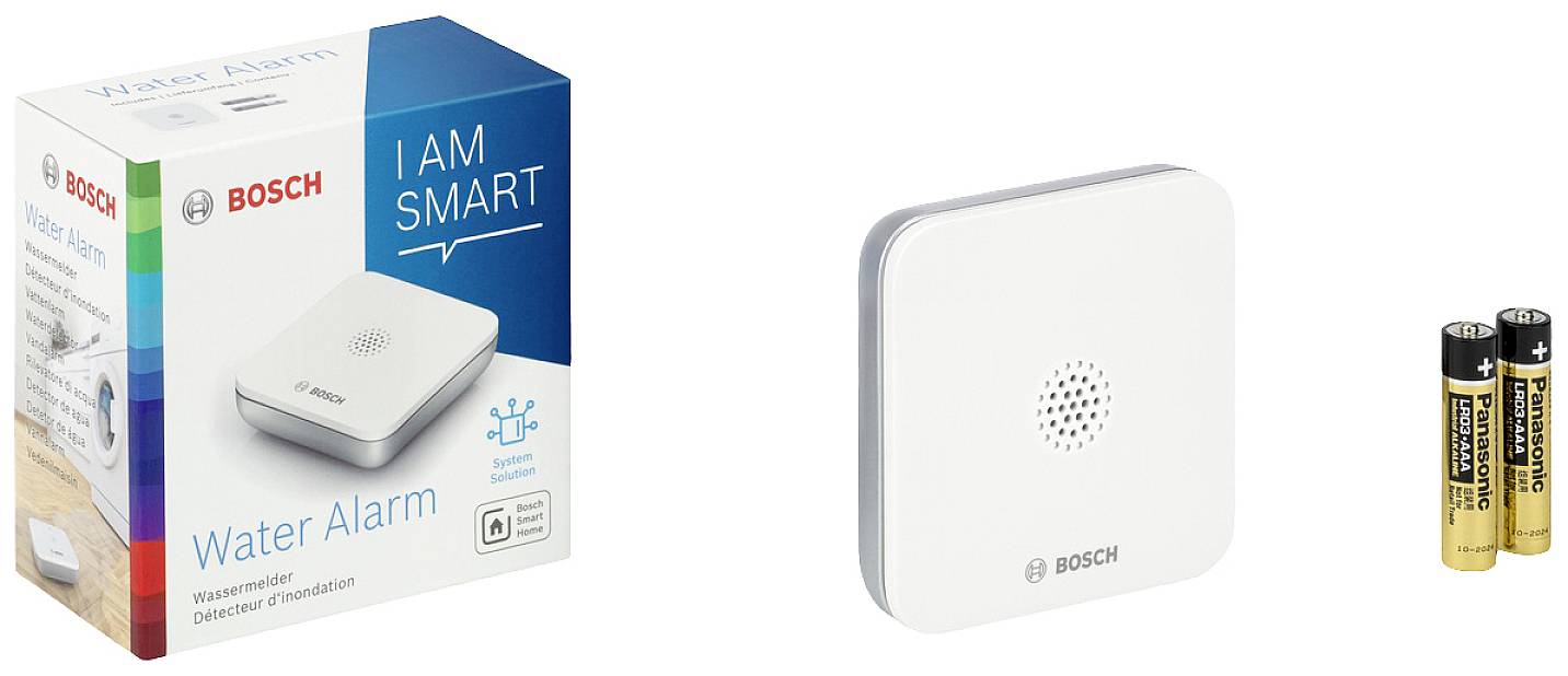 Wasseralarmgerät von Bosch mit Batterien. Verpackung zeigt das Gerät und den Text 'I am smart'. Ideal zur Überwachung von Wasserlecks.