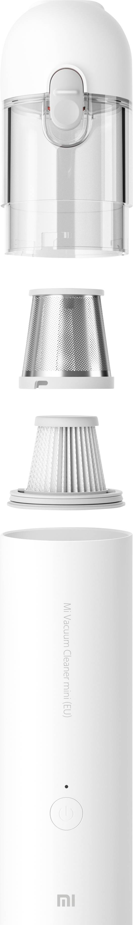 Ein elektrischer Reinigungsgerät mit abnehmbaren Teilen, darunter ein Bürstenkopf, Filter und Tank. Ideal zum Reinigen von Oberflächen.