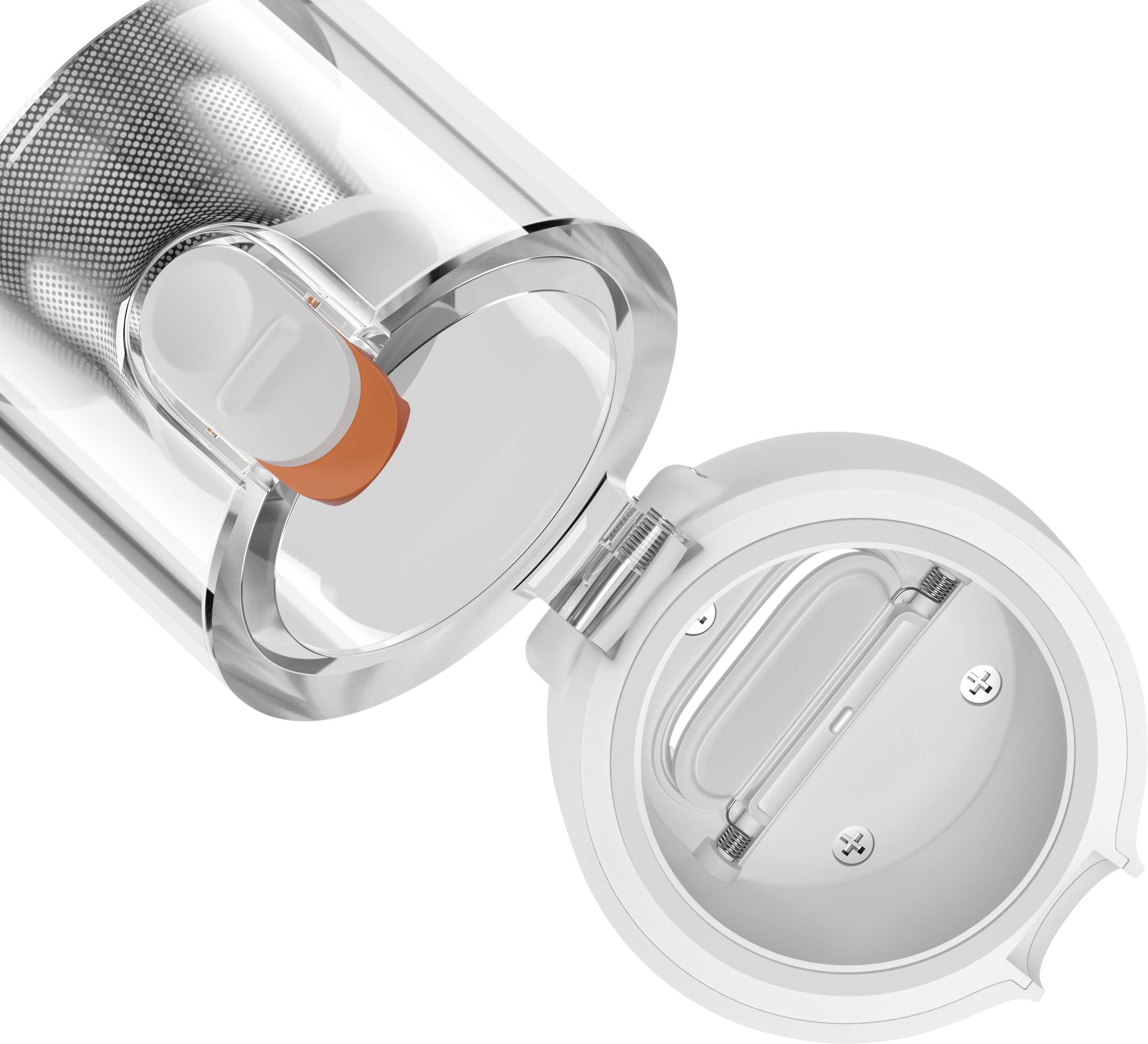 Ein Teekanne mit abnehmbarem Edelstahl-Filter und orangefarbenem Griff, geöffnet, zeigt den Innenraum und die runde Deckelklappe.