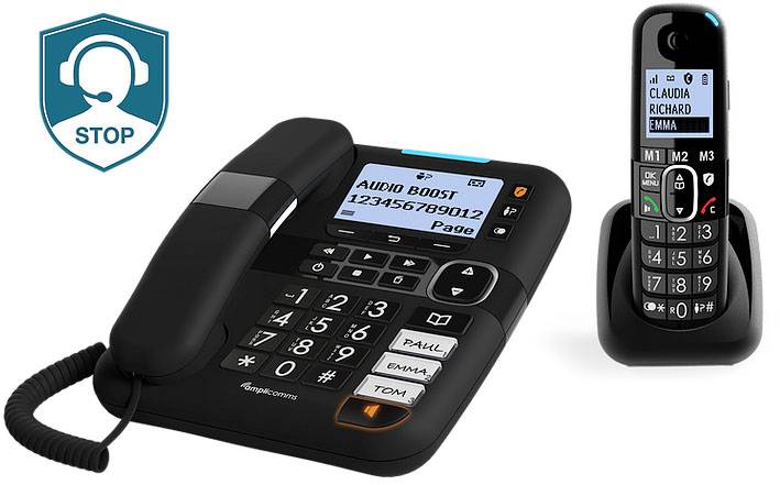 Zwei schnurlose Telefone mit großen Tasten und Displays, ideal für Senioren. Links mit Kabel, rechts kabellos auf Ladestation.