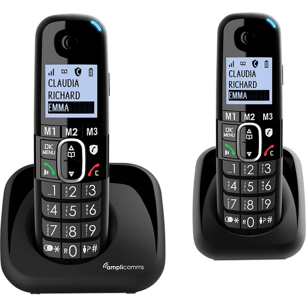 Amplicomms BigTel 1502 Combiné DECT fonction mains libres, compatible avec les appareils auditifs, recomposition automatique du