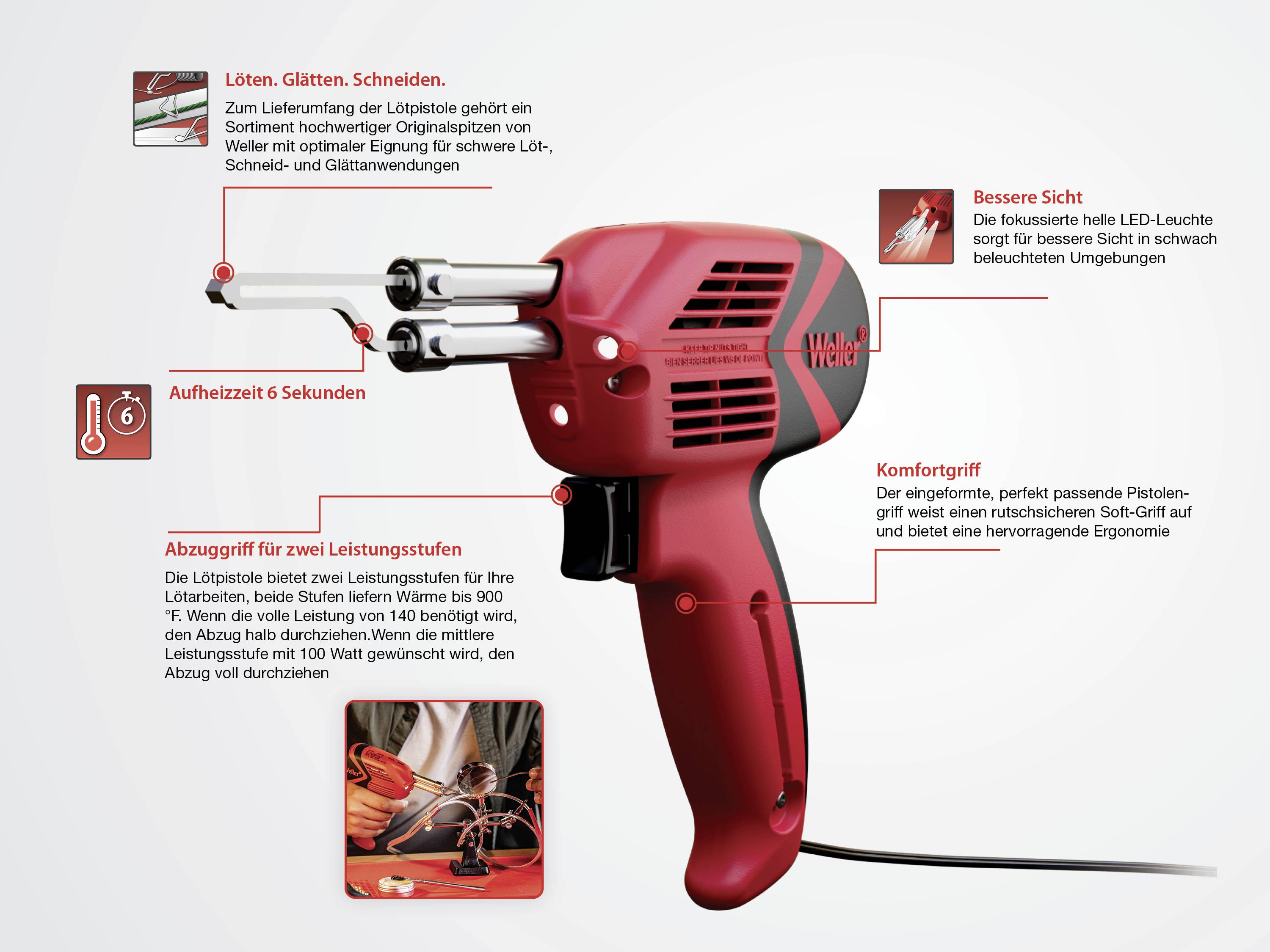 Weller WLG9400K23C Lötpistole 230 V 140 W Meißelform, Glättspitze, Seilschneidespitze 480 °C (max)