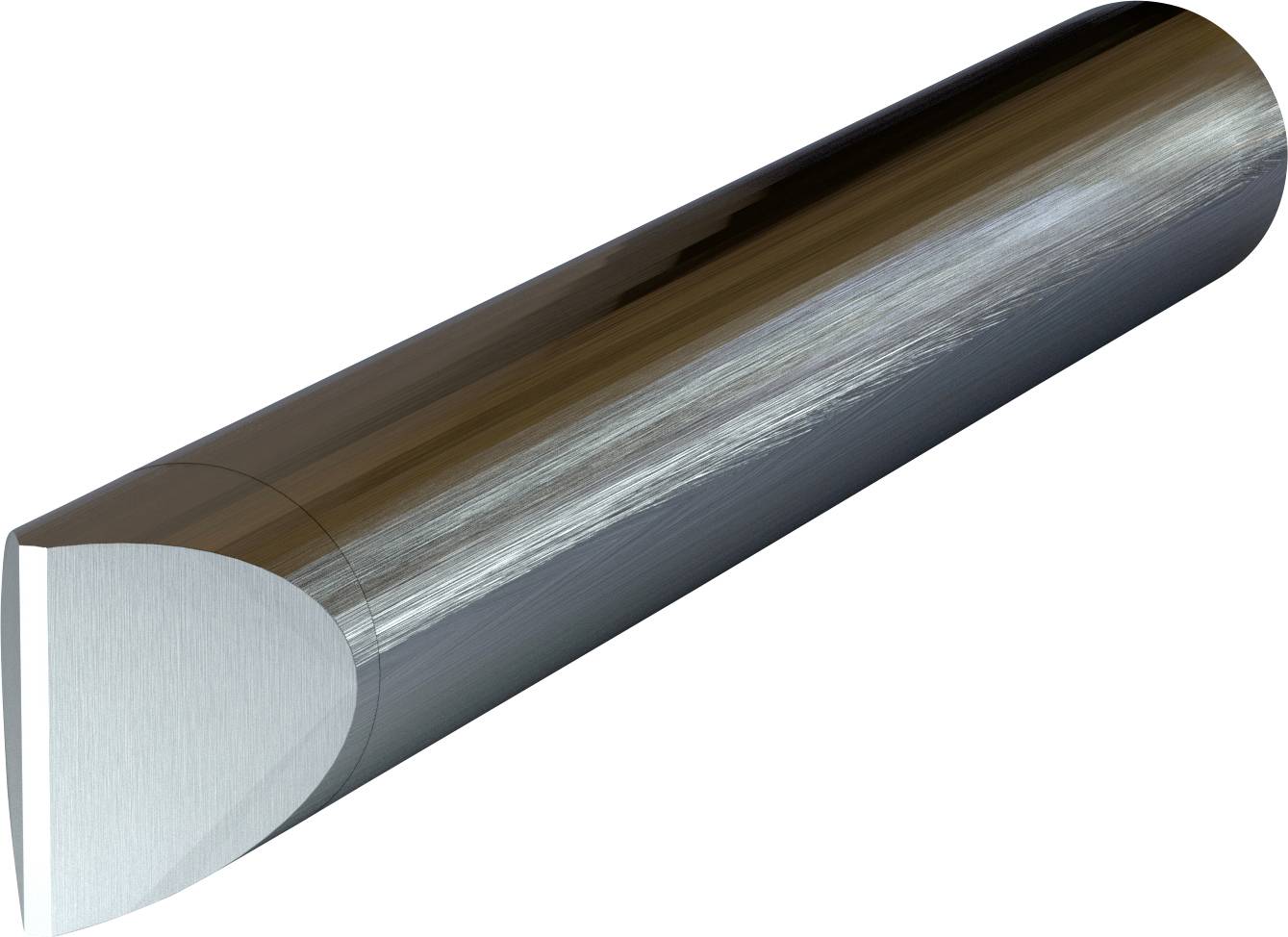 Ein metallischer, zylindrischer Stift mit schräg geschnittenem Ende, das eine asymmetrische, flache Oberfläche zeigt.