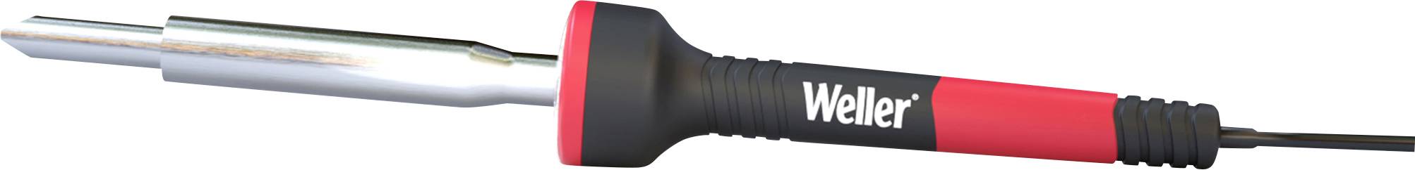 Lötkolben mit rotem Handgriff und schwarzem Einsatz. Die Spitze ist metallisch glänzend, Marke 'Weller' aufgedruckt.