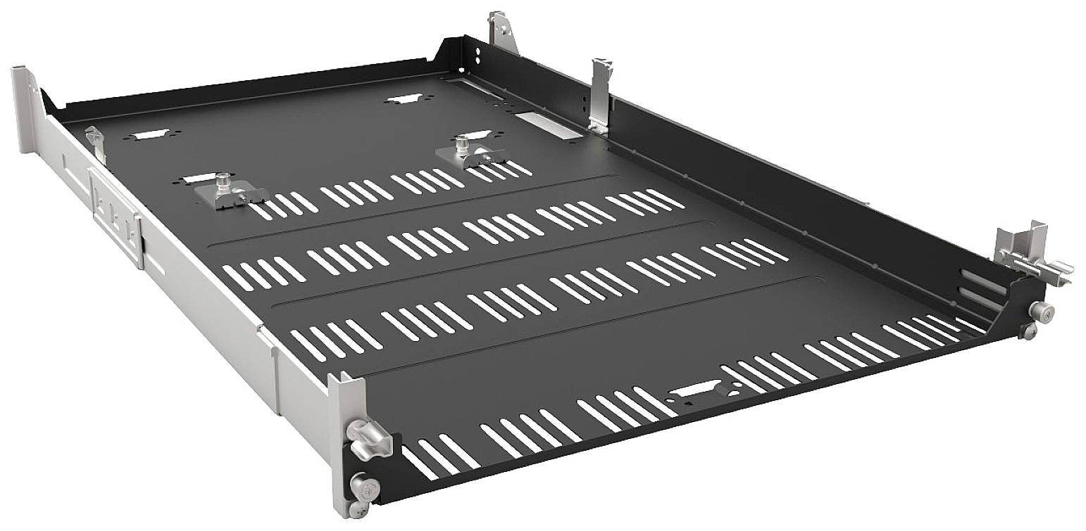 Ein schwarzes, rechteckiges Metallregal mit mehreren Schlitzen und Befestigungswinkeln an den Seiten. Geeignet zur Montage in einem Serverrack.