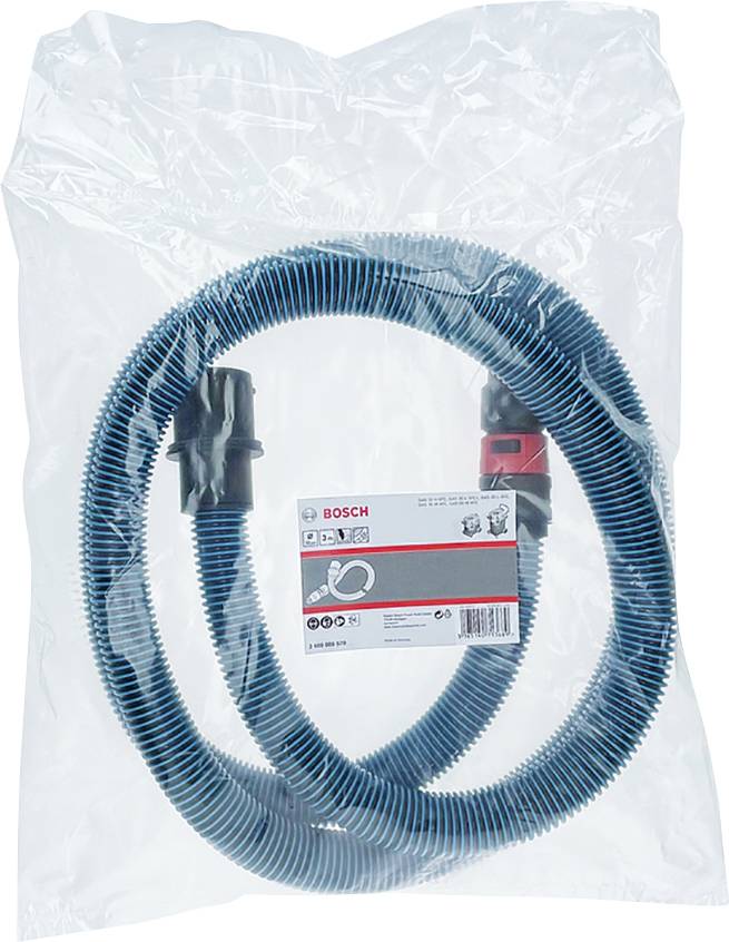 Blauer Saugschlauch von Bosch in transparenter Plastikverpackung mit Produktetikett. Geeignet für Staubsaugeranschlüsse.