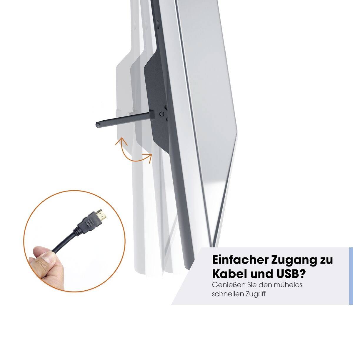Ein Monitor mit schwenkbarem Standfuß zeigt einfachen Zugriff auf Ports. Text unten rechts: 'Einfacher Zugang zu Kabel und USB?'. Darunter: 'Genießen Sie den mühelosen, schnellen Zugriff'.