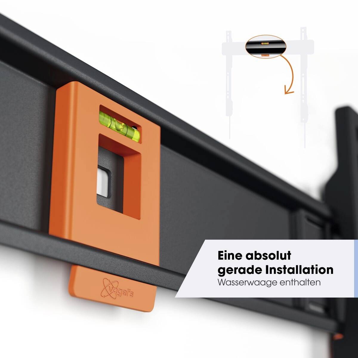 Orangenes Werkzeug zur genauen Installation mit eingearbeiteter Wasserwaage für präzises Ausrichten, inklusive grafischer Anleitung.
