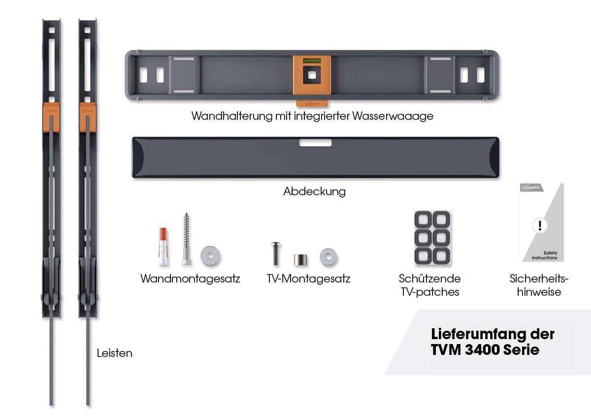 Lieferumfang der TVM 3400 Serie: Wandhalterung mit Wasserwaage, Abdeckung, Wand- und TV-Montageset, Schutz-TVs, Sicherheitshinweise, Leisten.