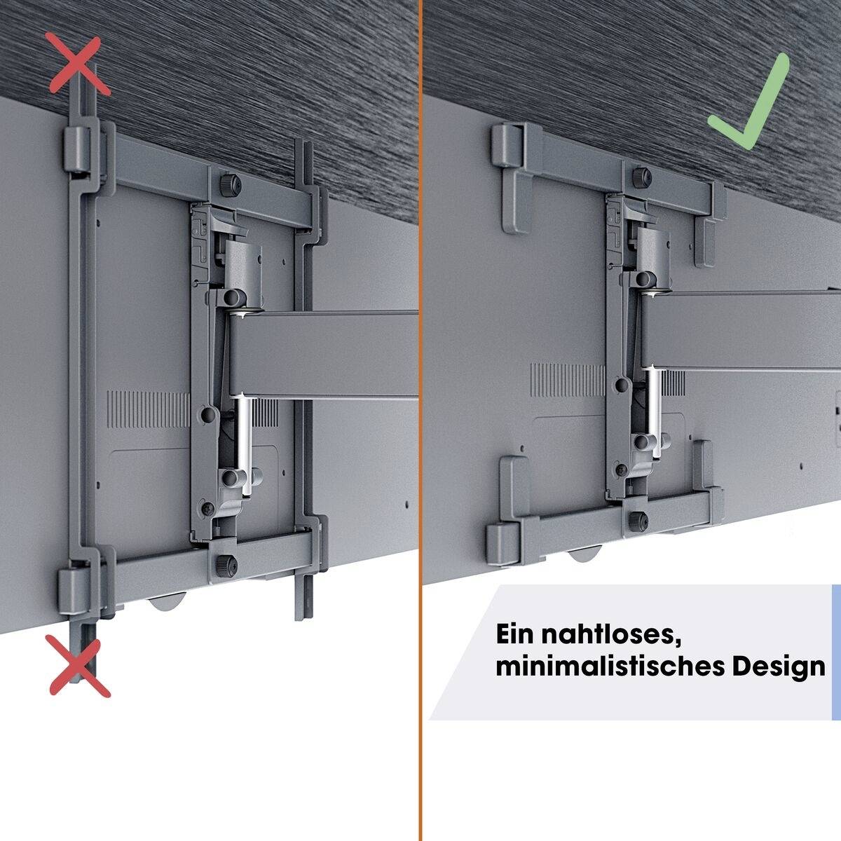 Ein Montagebeispiel zeigt links ein inkorrektes, rechts ein korrektes Fernseherhalterungsdesign an der Wand mit Haken.