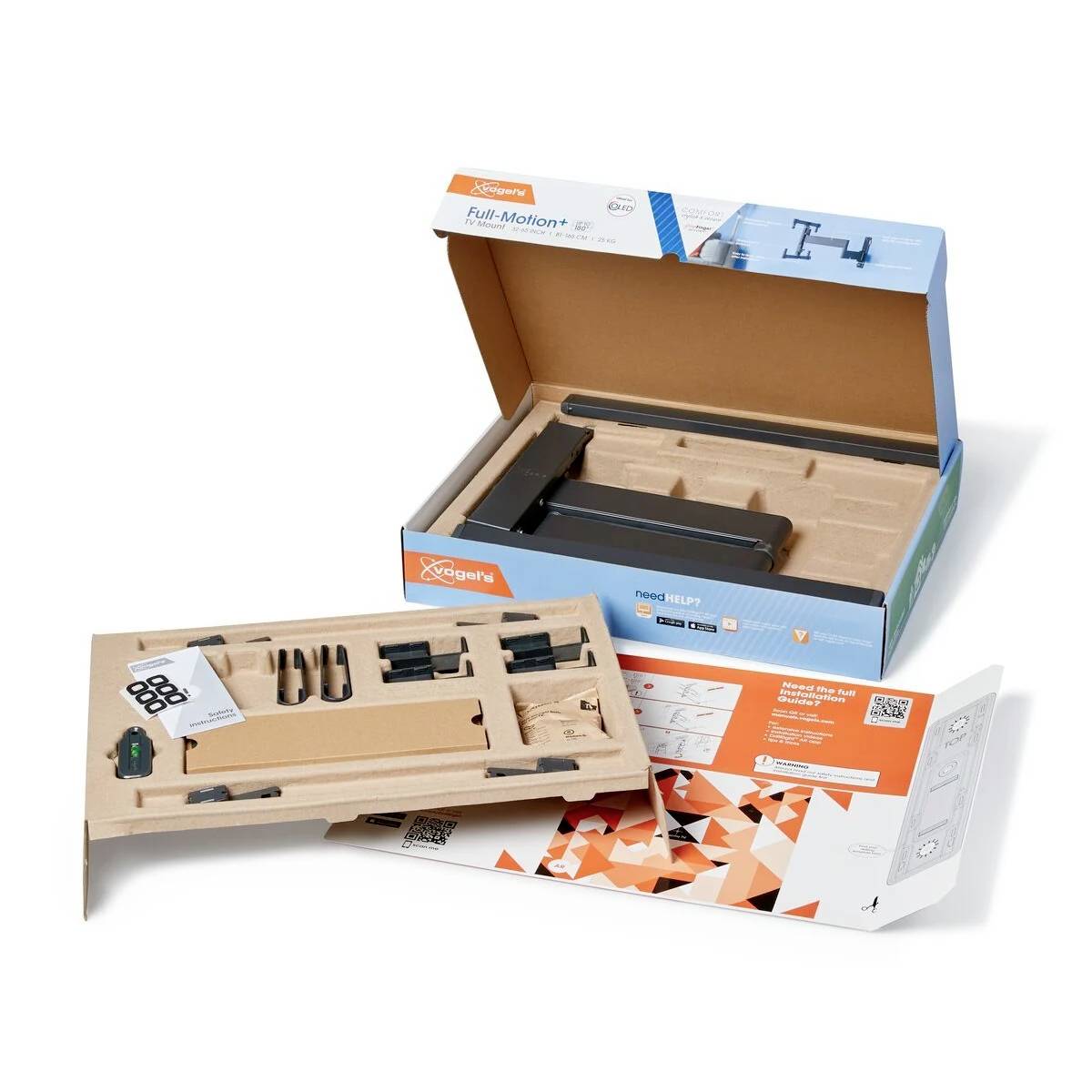 'Vogels Full-Motion TV-Halterung' in geöffneter Verpackung. Enthält Montagematerial, Anleitung, und Zubehör. Optimiert für 19-43 Zoll TVs.