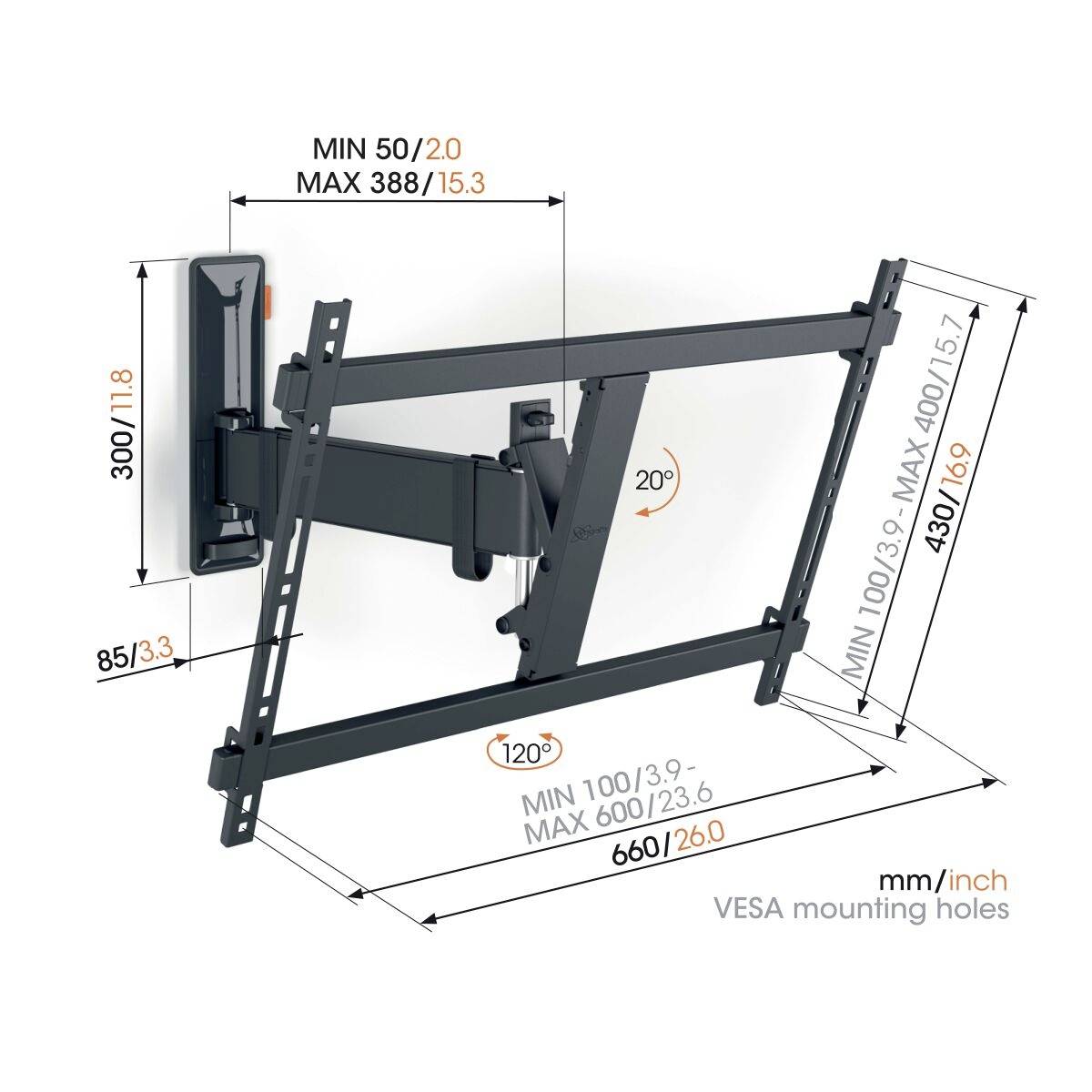 Bild eines verstellbaren TV-Wandhalters mit Angabe der minimalen und maximalen Abmessungen: Breite 660 mm, Neigung 120 Grad.