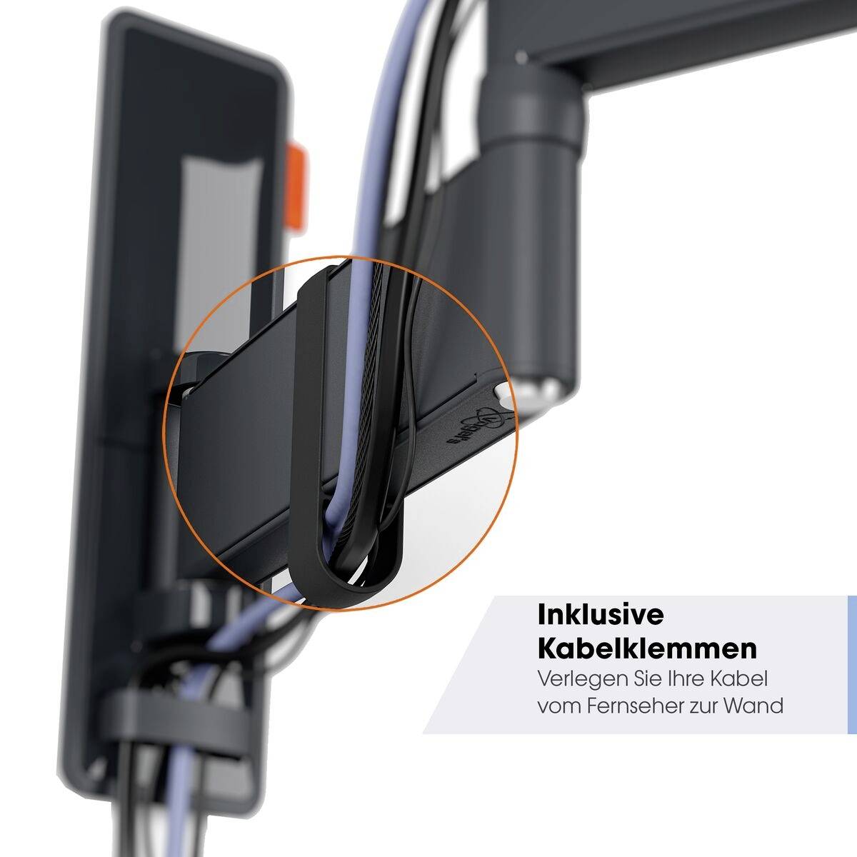 Kabelklammer hält Kabel zusammen, befestigt an einer Gerätevorrichtung. Text: 'Inklusive Kabelklemmen – Verlegen Sie Ihre Kabel vom Fernseher zur Wand'.