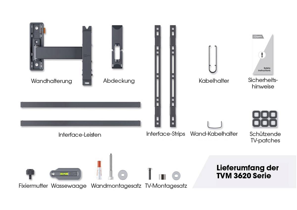 Montagezubehör für TV-Wandhalterung der TVM 3620 Serie, inklusive Halterungen, Interface-Leisten, Kabelhalter, Schrauben und Anleitung.