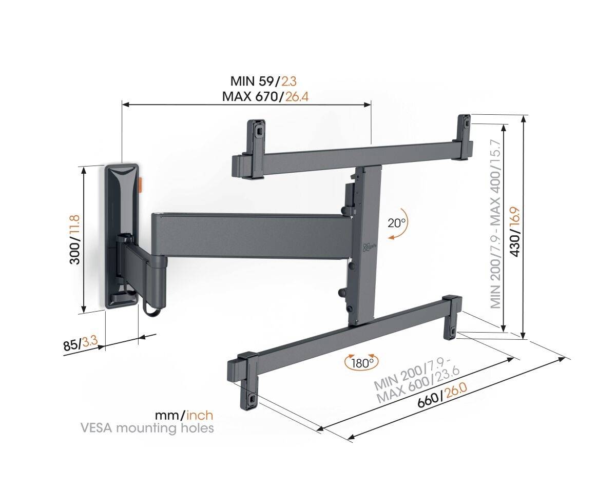 TV-Wandhalterung mit dreh- und neigbarem Arm, verstellbare Breite 590-670 mm, Höhe 200-400 mm. Geeignet für VESA-kompatible TVs.