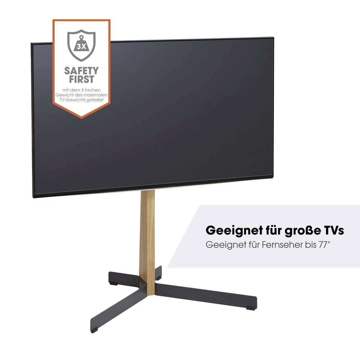 Ein TV-Ständer mit schwarzem Bildschirm und Kreuzfuß aus Holz und Metall. Text: 'Geeignet für große TVs bis 77