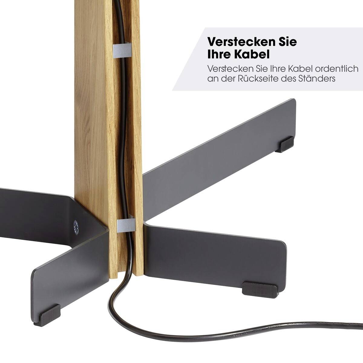 Holz- und Metallständer mit integriertem Kabelkanal zur ordentlichen Kabelführung. Text: 'Verstecken Sie Ihre Kabel'.