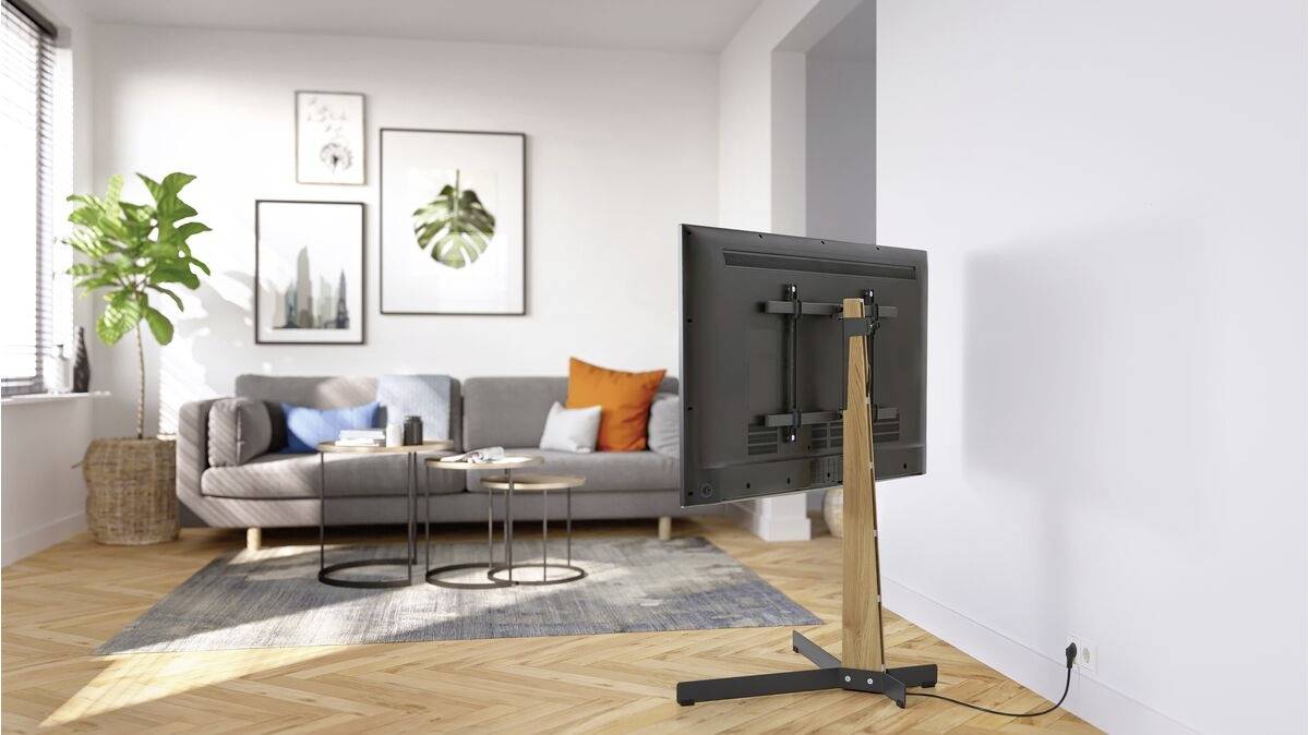 Flachbildfernseher auf Holzständer im modernen Wohnzimmer mit grauem Sofa, bunten Kissen, Pflanzen und Wanddekoration.