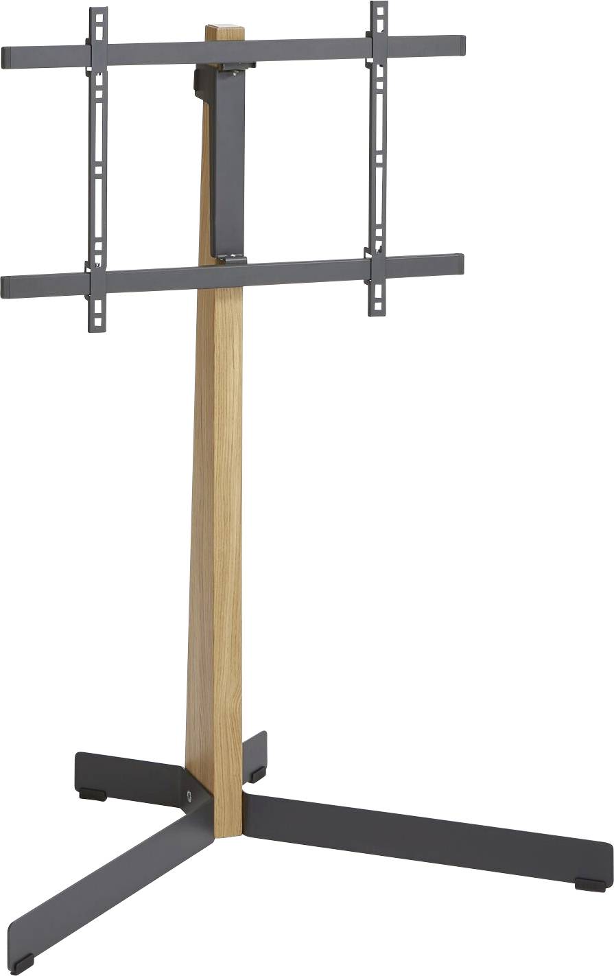 Ständer aus Holz und Metall für einen Flachbildfernseher, mit kreuzförmigem Metallfuß und verstellbaren Halterungen.