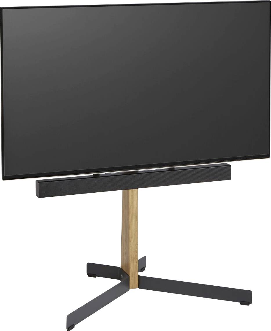 Flachbildfernseher auf modernem Holz-Ständer mit integriertem schwarzen Lautsprecher vor weißem Hintergrund.