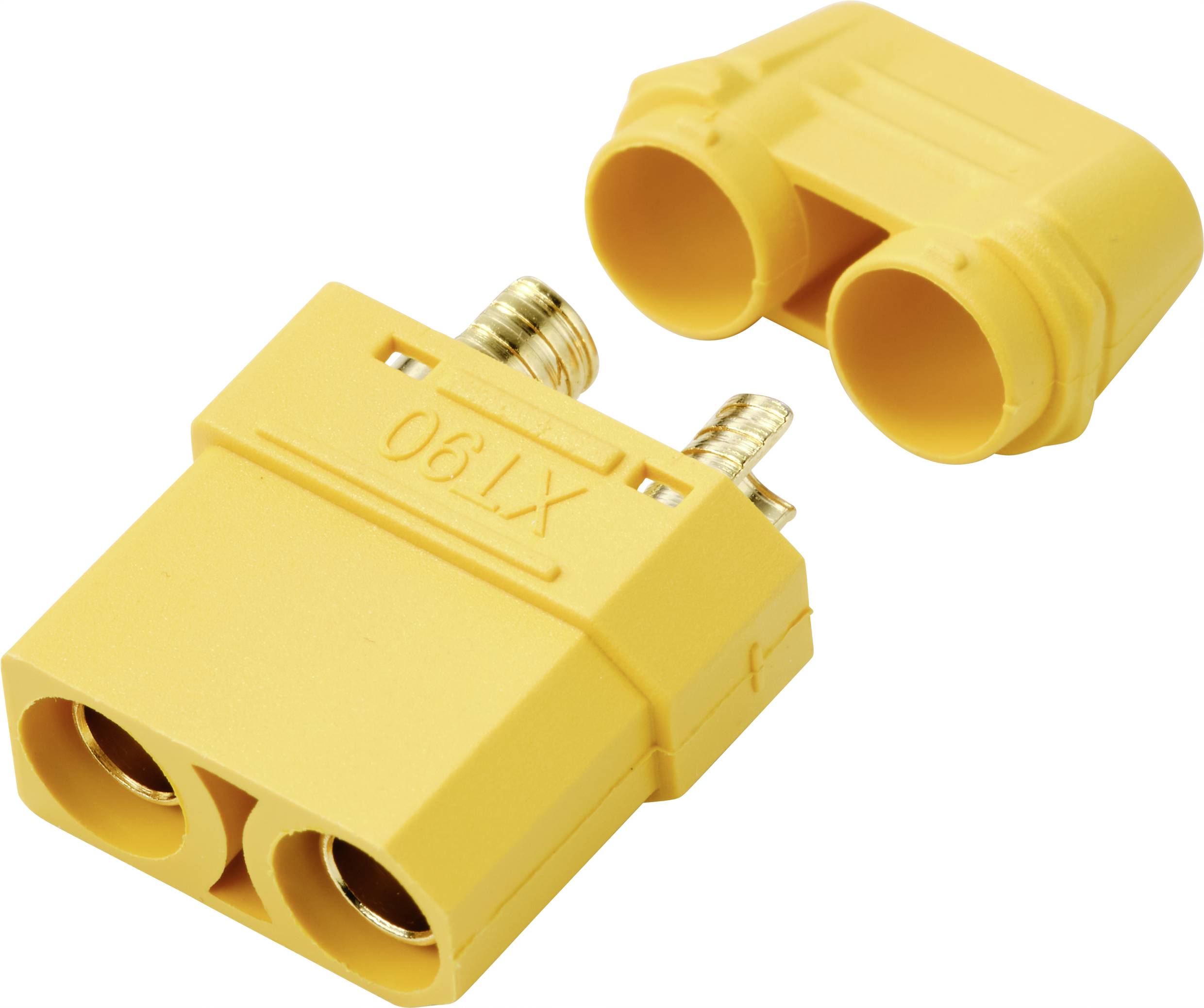 Gelber XT90-Stecker mit zwei Kontakten und einem Gehäuse, getrennt dargestellt. Wird oft in RC-Fahrzeugen verwendet.