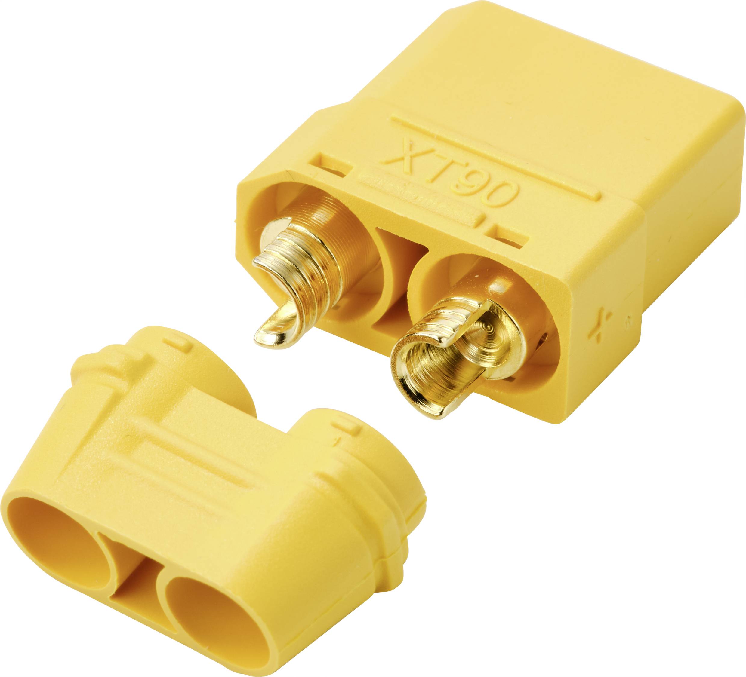Gelber XT90-Stecker und -Buchse aus Kunststoff und Metall, verwendet zur sicheren Verbindung von elektronischen Komponenten.