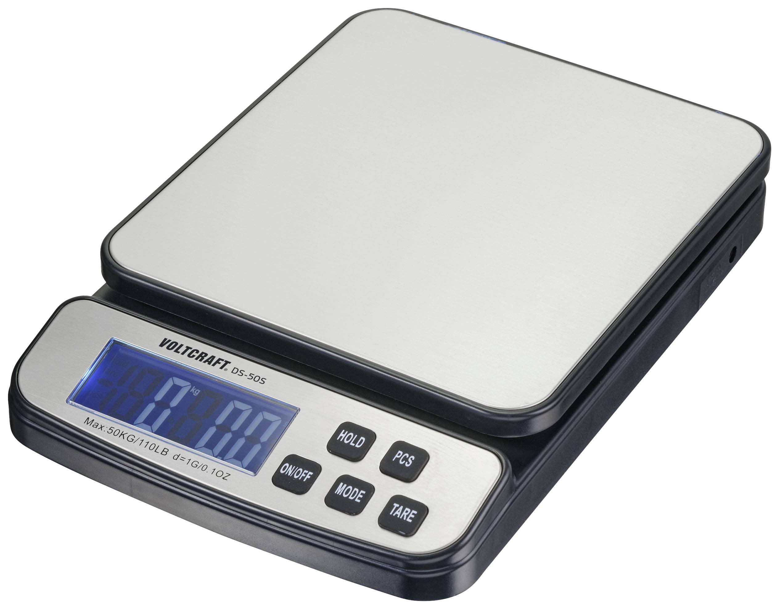Digitale Küchenwaage mit blau beleuchtetem Display zeigt '0.1 g'. Sie hat mehrere Tasten: Hold, PCS, On/Off, Mode, Tare.