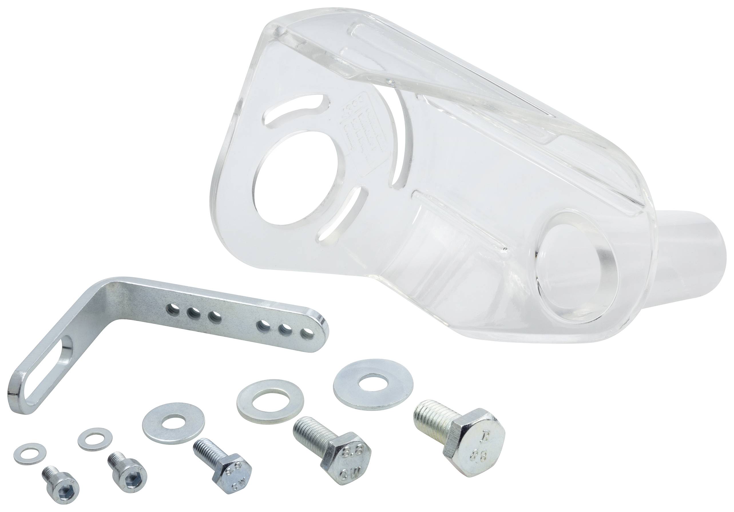 Eine transparente Kunststoffabdeckung mit mehreren Schrauben und Unterlegscheiben. Sie dient möglicherweise als Schutz für technische Komponenten.