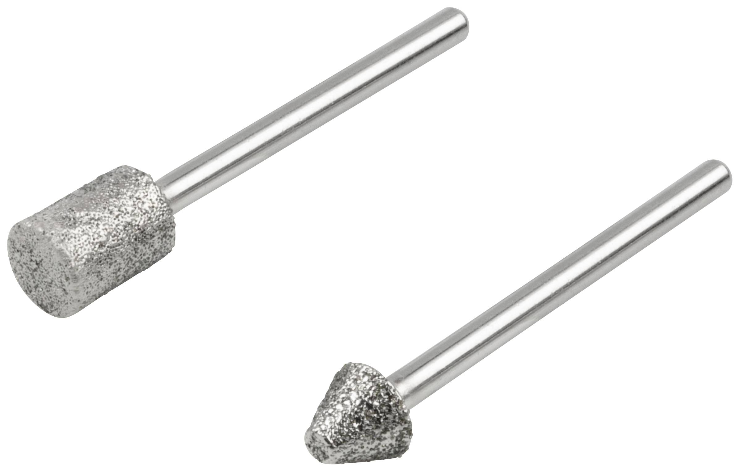 Zwei rotierende Schleifköpfe mit unterschiedlichen Formen, einer zylindrisch und einer konisch, jeweils mit silbernem Finish.