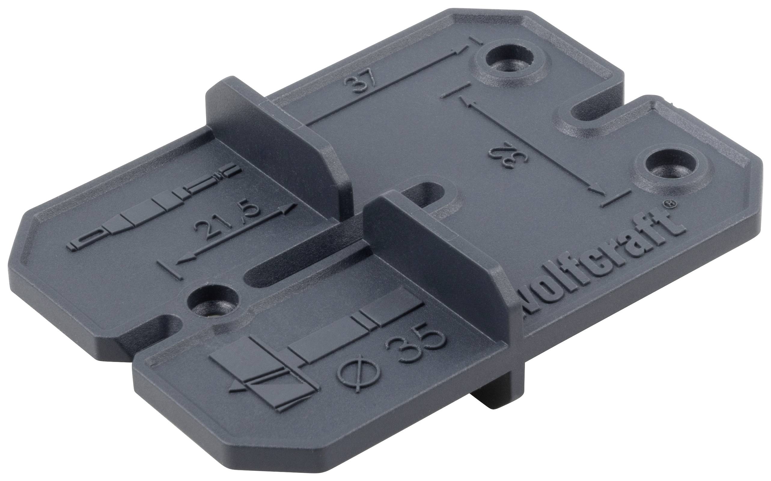 Kunststoff-Bohrschablone von wolfcraft zum präzisen Bohren von Lochreihen. Enthält Markierungen für 21,5 mm und 35 mm Bohrungen.