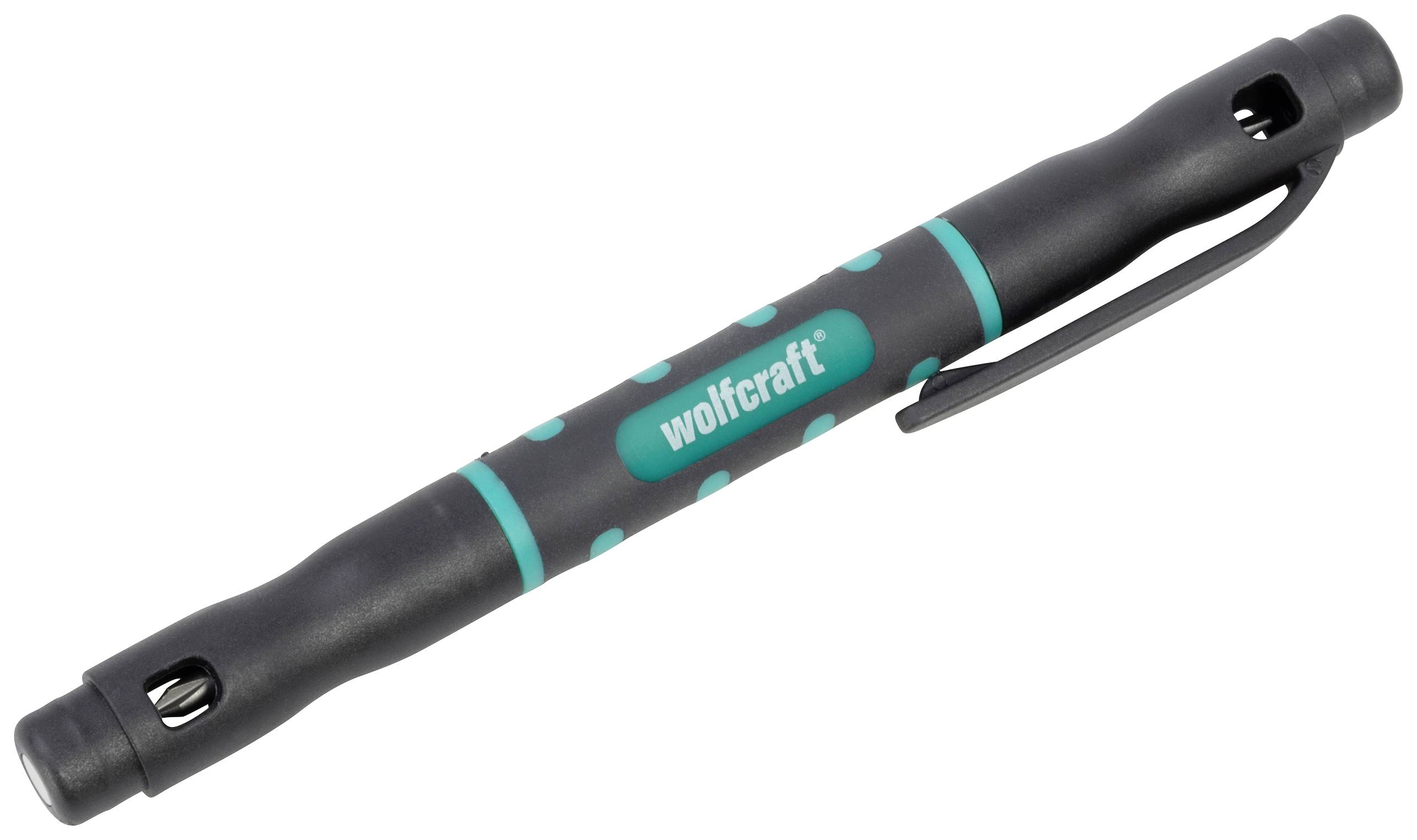 Schwarzer Stift mit türkisen Akzenten und Aufdruck 'wolfcraft', geeignet für präzises Anzeichnen auf Oberflächen.