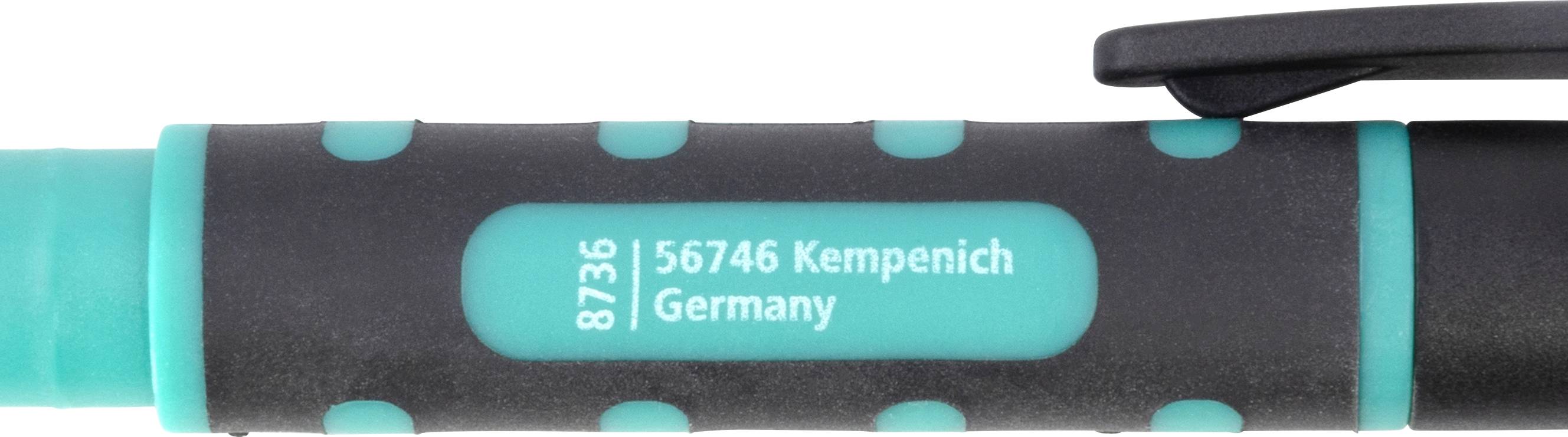 Nahaufnahme eines schwarzen Stiftes mit türkisen Akzenten und der Aufschrift '8736 56746 Kempenich Germany'.