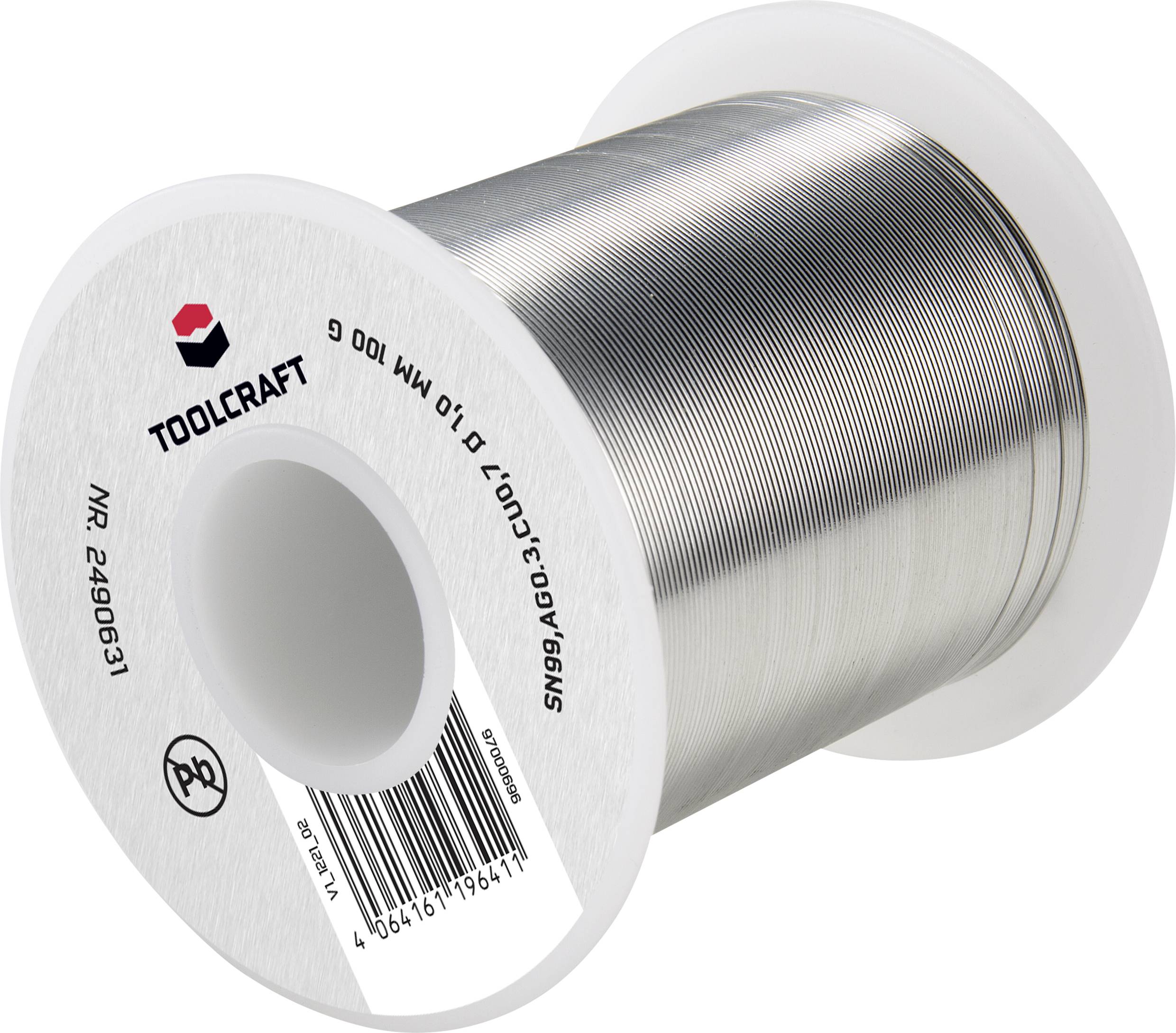 Lötzinnrolle mit der Aufschrift 'Toolcraft', Artikelnummer 2490631. Rolle ist silbern und für Löten von elektronischen Bauteilen geeignet.