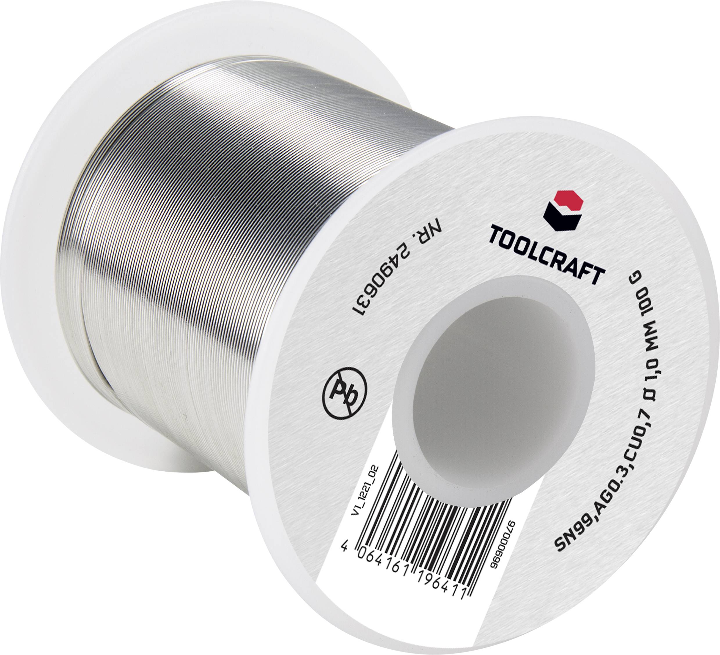 Lötzinnrolle der Marke Toolcraft, 100 g, mit Draht in silberner Farbe und Barcode auf dem Etikett.